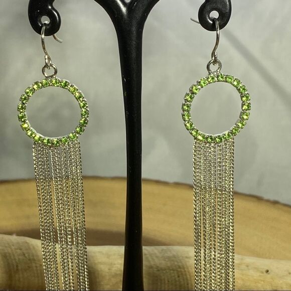 Green Rhinestones Silver Multi Chain Earrings - Picture 2 of 6
